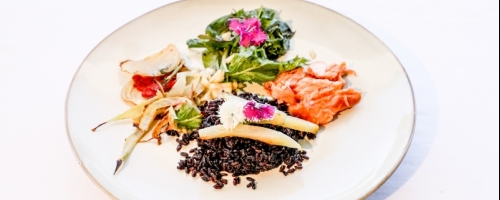 Smoked salmon, Black rice, Sage, Spinach, braised Fennel