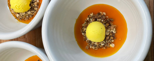 turmeric ice cream, chia granola, fresh orange mojo gel