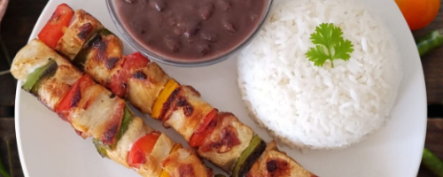 Chicken, Bacon And Vegetable Skewers With White Rice & Beans