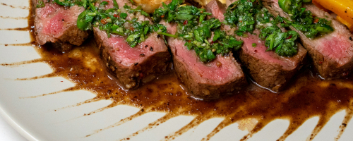 Soy-marinated Steak with Maitake mushroom and Salsa Verde