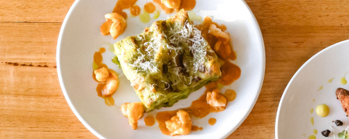 Green lasagna with prawns